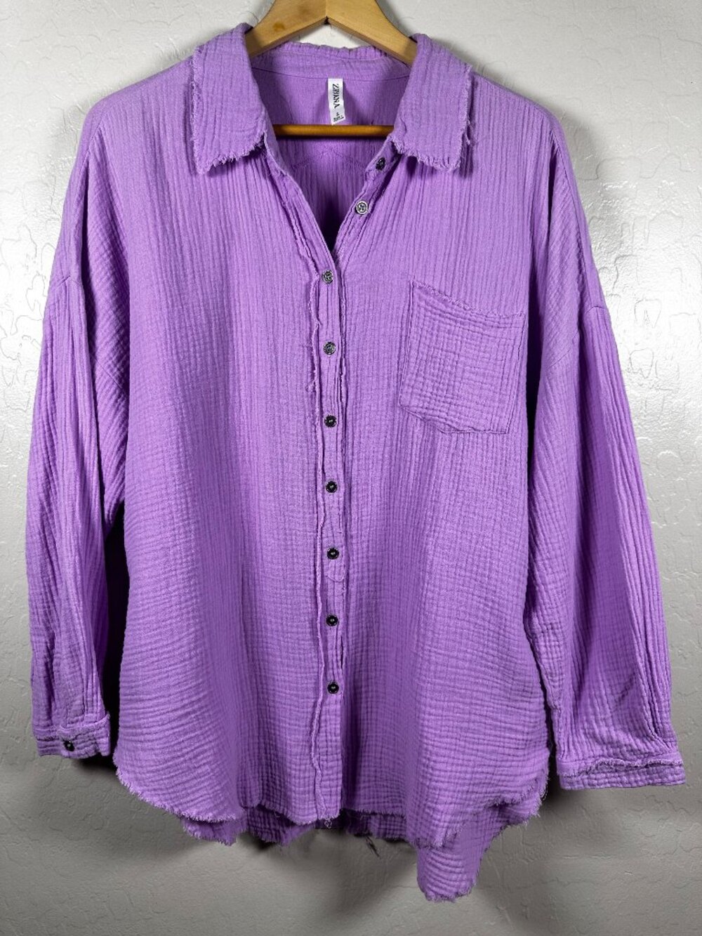 Zenana Lavender Double Gauze Button Down Shirt 100% Cotton Oversized Large - Picture 2 of 11